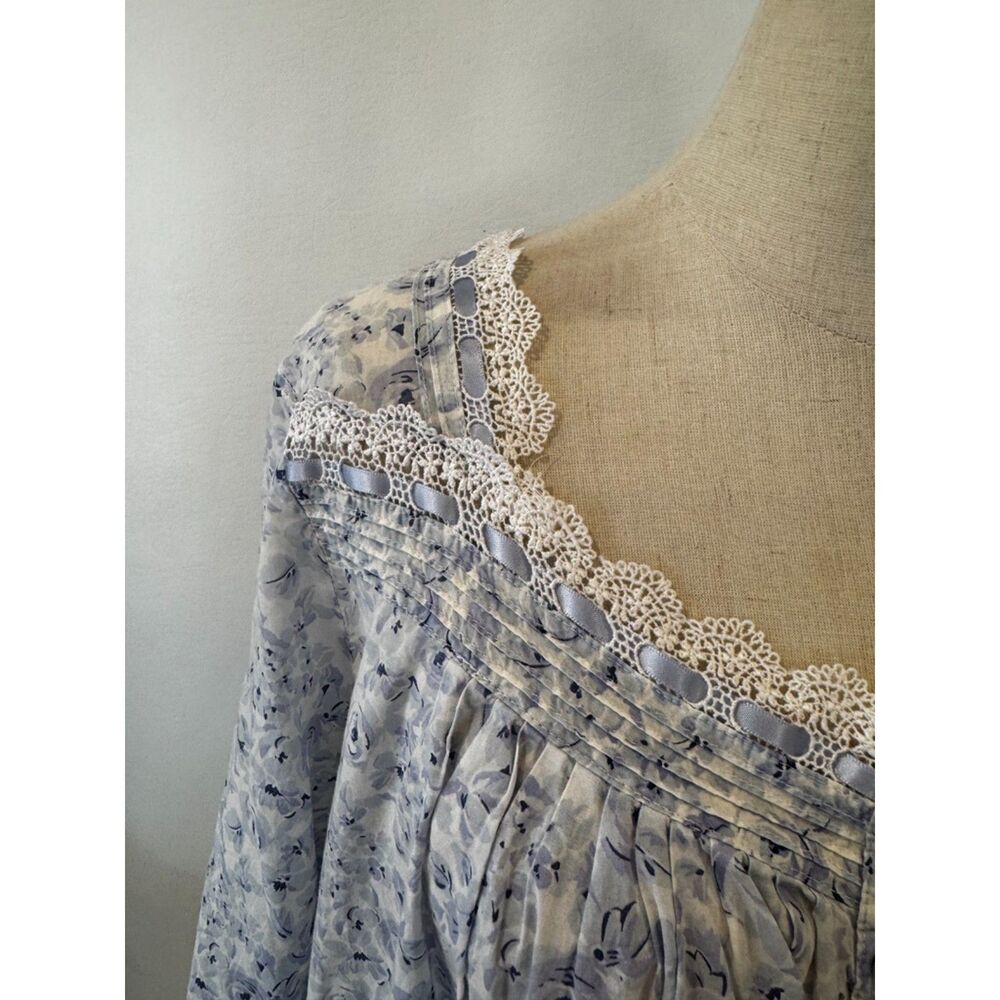 Eileen West Blue White Floral Nightgown XL Cotton Midi 3/4 Sleeves Lace Trim - Picture 8 of 9